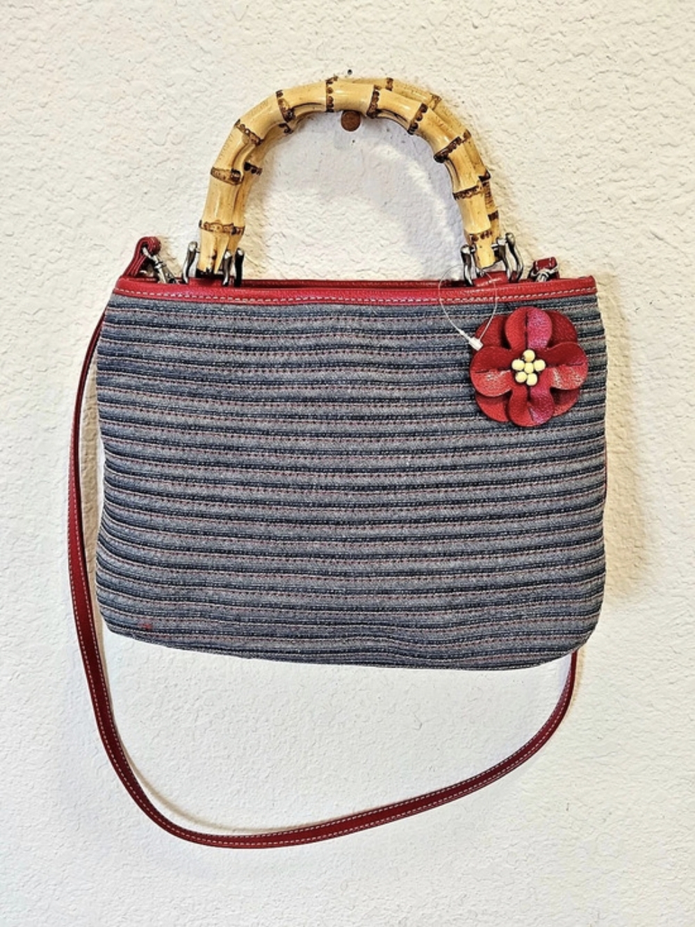 Liz Claiborne Striped Bamboo Handle Shoulder Bag in Blue & Red